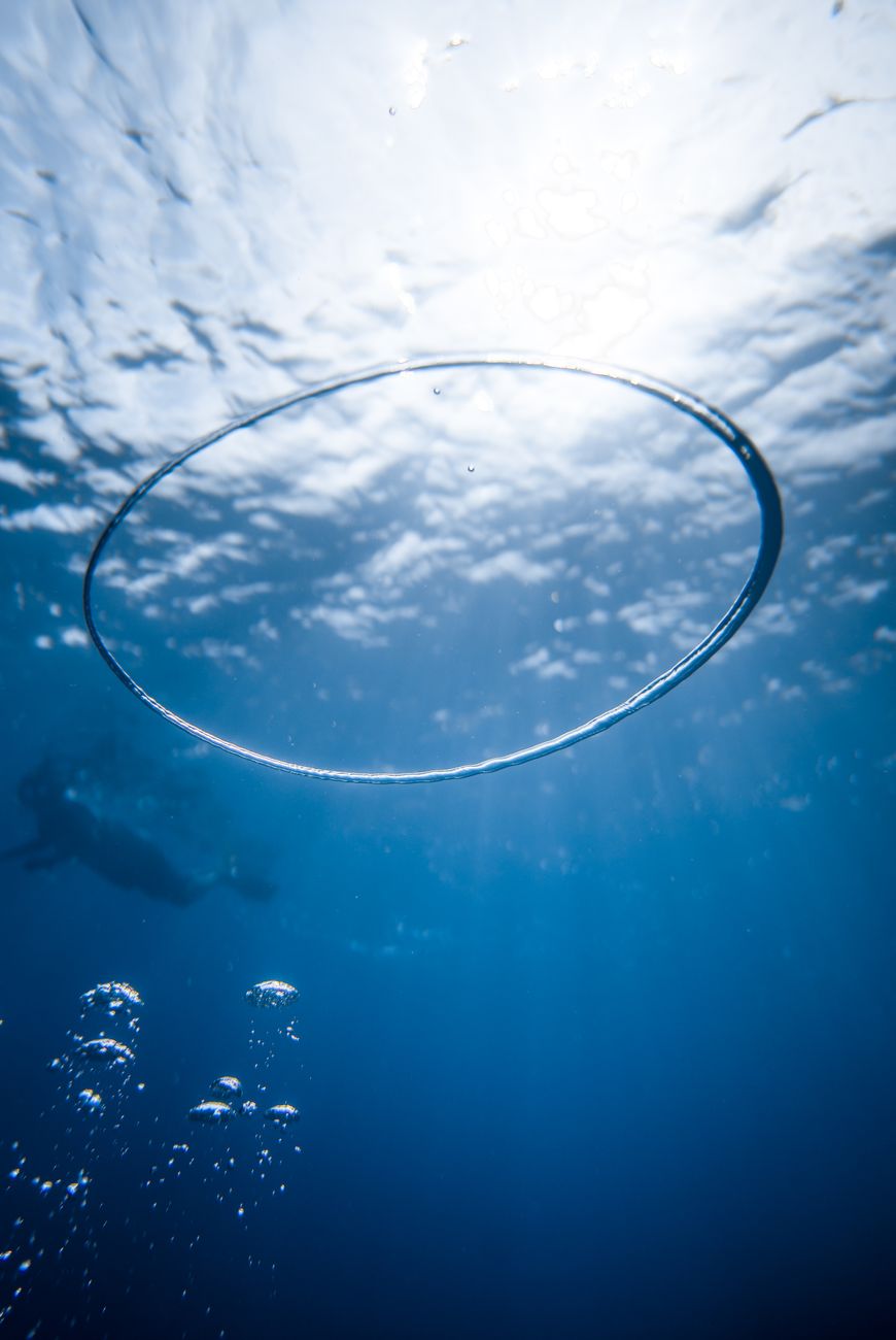 A mesmerizing underwater bubble ring with a diver in clear blue ocean water.